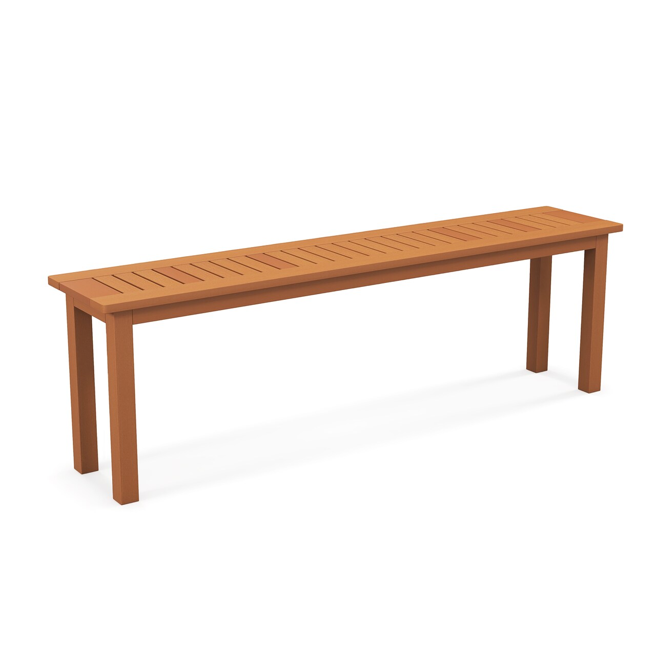 Natural 59 Inch Wooden Patio Dining Backless Bench with Teak Oil Finish and Slatted Seat